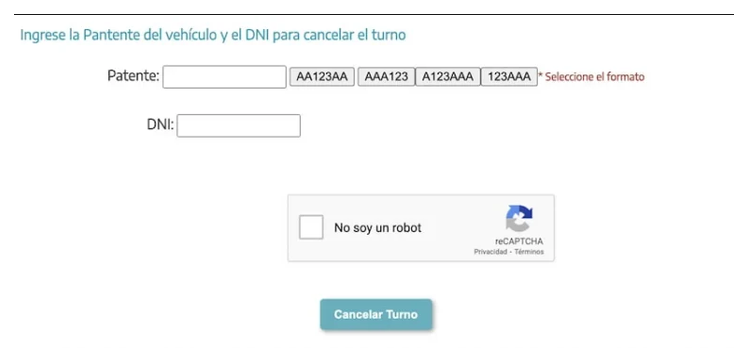 Pantalla para cancelar el turno de la VTV en Junín con patente y DNI